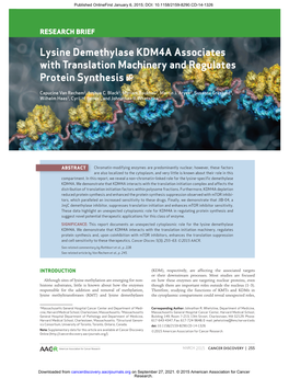 Lysine Demethylase KDM4A Associates with Translation Machinery and Regulates Protein Synthesis