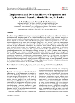 Emplacement and Evolution History of Pegmatites and Hydrothermal Deposits, Matale District, Sri Lanka