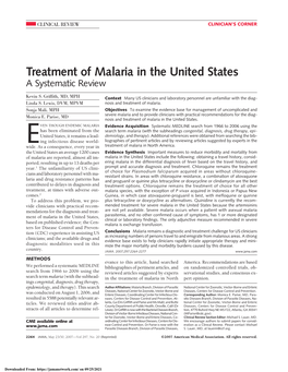 Treatment of Malaria in the United States a Systematic Review