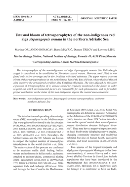 Unusual Bloom of Tetrasporophytes of the Non-Indigenous Red Alga Asparagopsis Armata in the Northern Adriatic Sea