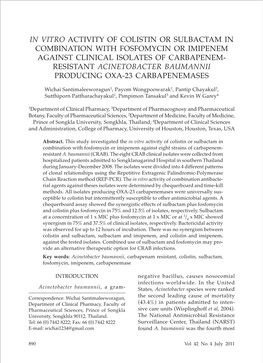 In Vitro Activity of Colistin Or Sulbactam In