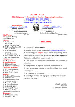 OFFICE of the ICSSR Sponsored International Seminar Organizing Committee DEPARTMENT of ECONOMICS GOSSAIGAON COLLEGE, GOSSAIGAON KOKRAJHAR, ASSAM, INDIA, PIN-783360