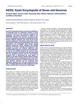 KEGG: Kyoto Encyclopedia of Genes and Genomes Hiroyuki Ogata, Susumu Goto, Kazushige Sato, Wataru Fujibuchi, Hidemasa Bono and Minoru Kanehisa*