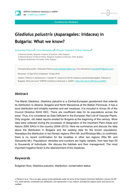 Gladiolus Palustris (Asparagales: Iridacea) in Bulgaria: What We Know?