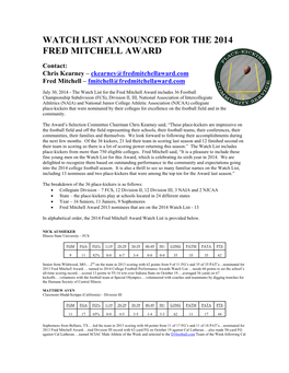Watch List Announced for the 2014 Fred Mitchell Award