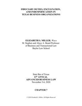 Fiduciary Duties, Exculpation, and Indemnification in Texas Business Organizations