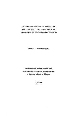 An Evaluation of Ferdinand Hurter's Contribution to the Development of the Nineteenth Century Alkali Industry