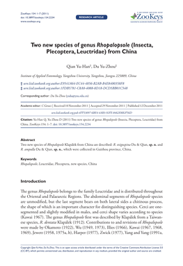 Insecta, Plecoptera, Leuctridae) from China 1 Doi: 10.3897/Zookeys.154.2234 Research Article Launched to Accelerate Biodiversity Research