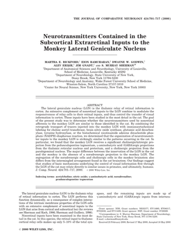 Neurotransmitters Contained in the Subcortical Extraretinal Inputs to the Monkey Lateral Geniculate Nucleus