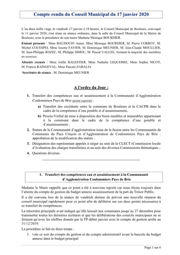 Compte Rendu Du Conseil Municipal Du 17 Janvier 2020