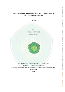 Hannah Baker's Egoistic Suicide in Jay Asher's Thirteen Reasons Why Thesis Department of English Literature Faculty of Huma
