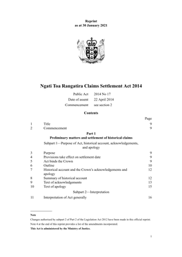 Ngati Toa Rangatira Claims Settlement Act 2014