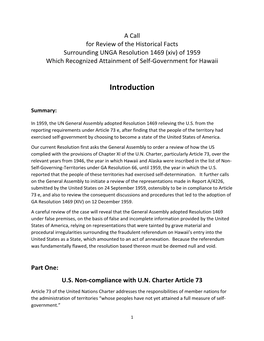 A Call for Review of the Historical Facts Surrounding UNGA Resolution 1469 (Xiv) of 1959 Which Recognized Attainment of Self-Government for Hawaii