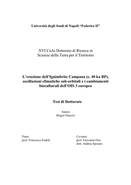 XVI Ciclo Dottorato Di Ricerca in Scienze Della Terra Per Il Territorio