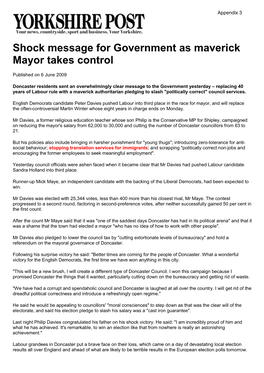 Shock Message for Government As Maverick Mayor Takes Control