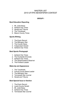 2010 UT-TPA State Press Contest Master List