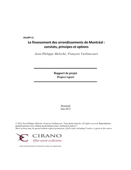 Le Financement Des Arrondissements De Montréal : Constats, Principes Et Options
