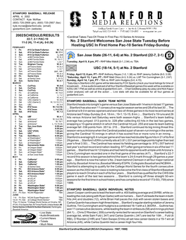 No. 2 Stanford Welcomes San Jose State Tuesday Before Hosting USC in First Home Pac-10 Series Friday-Sunday FEBRUARY 1 Fri