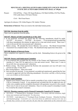 MINUTES of a MEETING of PENNARD COMMUNITY COUNCIL HELD on 15 JUNE 2015 at PENNARD COMMUNITY HALL at 7.00 Pm