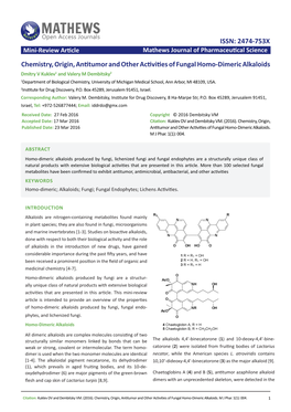 Chemistry, Origin, Antitumor and Other Activities of Fungal Homo-Dimeric Alkaloids ISSN