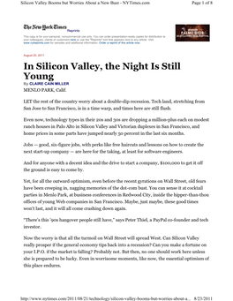 In Silicon Valley, the Night Is Still Young by CLAIRE CAIN MILLER MENLO PARK, Calif