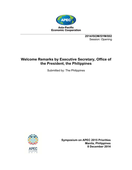 Welcome Remarks by Executive Secretary, Office of the President, the Philippines