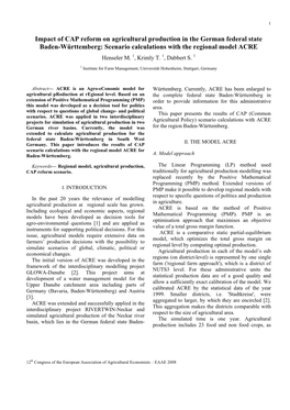 Impact of CAP Reform on Agricultural Production in the German Federal State Baden-Württemberg: Scenario Calculations with the Regional Model ACRE Henseler M