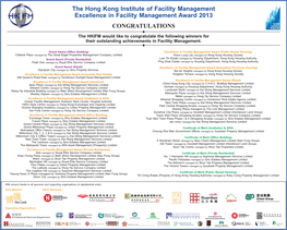 The Hong Kong Institute of Facility Management Excellence in Facility Management Award 2013 CONGRATULATIONS