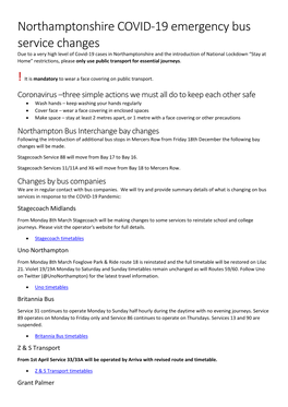 Northamptonshire COVID-19 Emergency Bus Service Changes