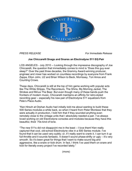 PRESS RELEASE for Immediate Release Joe Chiccarelli Snags