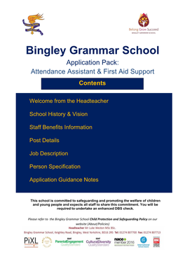 Bingley Grammar School Application Pack: Attendance Assistant & First Aid Support