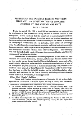 REDEFINING the SANGHA's ROLE in NORTHERN THAILAND : an INVESTIGATION of .MONASTIC CAREERS at FIVE CHIANG Mal W ATS DAVID L