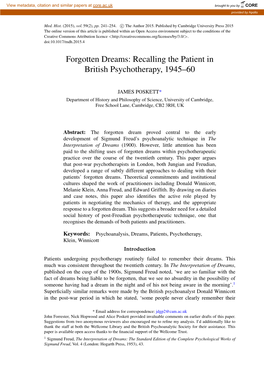 Forgotten Dreams: Recalling the Patient in British Psychotherapy, 1945–60