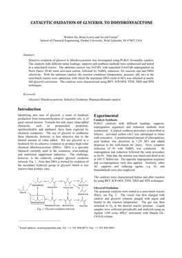 Catalytic Oxidation of Glycerol to Dihydroxyacetone