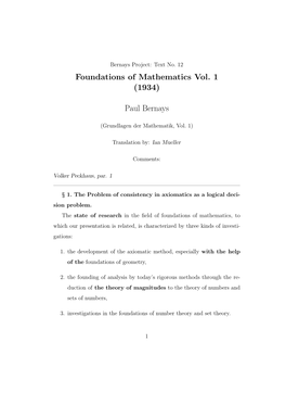 Foundations of Mathematics Vol. 1 (1934) Paul Bernays