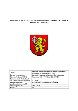 Program Hospodárskeho a Sociálneho Rozvoja Obce Kamenica Na Obdobie 2015 – 2023