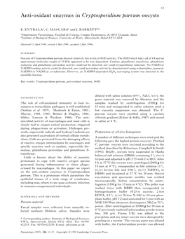 Anti-Oxidant Enzymes in Cryptosporidium Parvum Oocysts