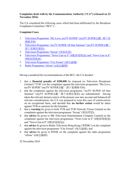 Complaints Dealt with by the Communications Authority (“CA”) (Released on 22 November 2016)