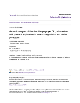 Genomic Analyses of Paenibacillus Polymyxa CR1, a Bacterium with Potential Applications in Biomass Degradation and Biofuel Production