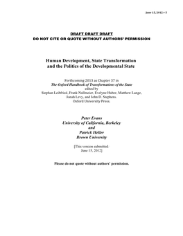 Human Development, State Transformation and the Politics of the Developmental State