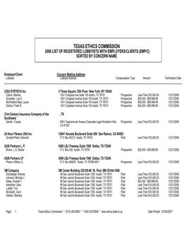 Texas Ethics Commission 2006 List of Registered Lobbyists with Employers/Clients (Emp/C) Sorted by Concern Name