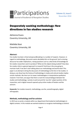 Desperately Seeking Methodology: New Directions in Fan Studies Research