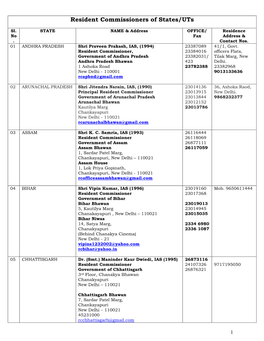 Resident Commissioners of States/Uts