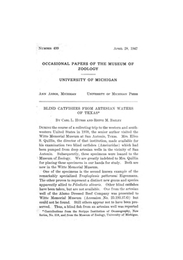 UNIVERSITY of MICHIGAN BLIND CATFISIIES from ARTESIAN WATERS OP TEXAS* D Uring the Course of a Collecting Trip to the Western An