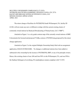 Multiple Ownership Compliance (73.3555) Wzxr(Fm) South Williamsport, Pennsylvania, Ch