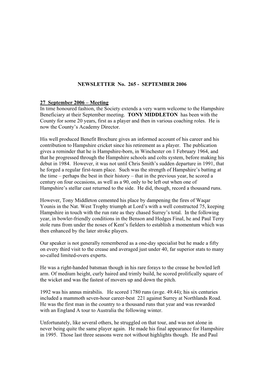 NEWSLETTER No. 265 - SEPTEMBER 2006