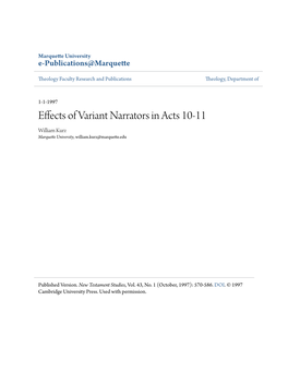 Effects of Variant Narrators in Acts 10-11 William Kurz Marquette University, William.Kurz@Marquette.Edu