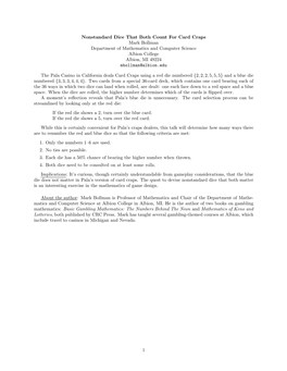 Nonstandard Dice That Both Count for Card Craps Mark Bollman Department of Mathematics and Computer Science Albion College Albion, MI 49224 Mbollman@Albion.Edu
