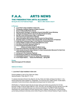 F.A.A. ARTS NEWS the FREDERICTON ARTS ALLIANCE Serving the Arts in the Fredericton Region March 4, 2004, Volume 4, Issue 9