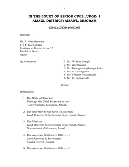 In the Court of Senior Civil Judge- 1 Aizawl District: Aizawl, Mizoram